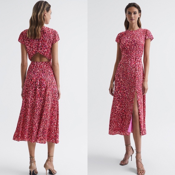 Reiss leopard floral open back slit midi dress FINAL PRICE NO OFFER CONSIDERED - Picture 1 of 7